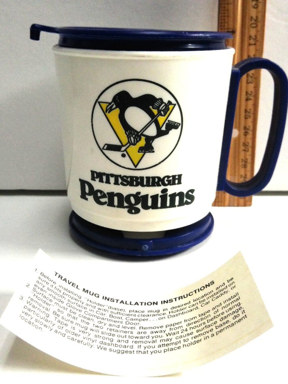 Pittsburgh Penguins Hockey Sunoco Promotional Travel Mug 1970 & Lid, Holder Base